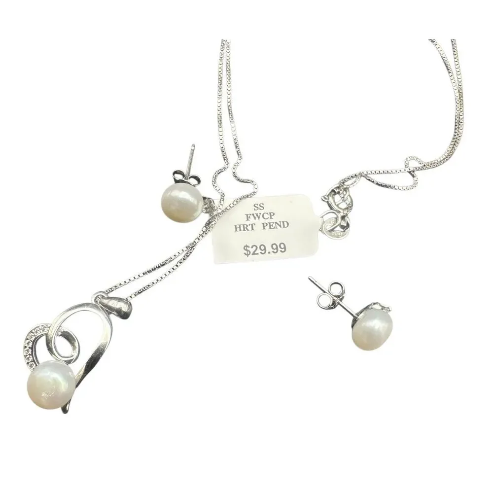 HELZBERG CHAIN HEART PENDANT Cz DIAMONDS & FRESHWATER CULTURED PEARL 925 STERLIN